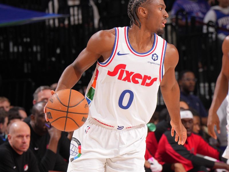 PHILADELPHIA, PA - MARCH 3:  Tyrese Maxey #0 of the Philadelphia 76ers dribbles the ball during the game against the Portland Trail Blazers  on March 3, 2025 at the Wells Fargo Center in Philadelphia, Pennsylvania NOTE TO USER: User expressly acknowledges and agrees that, by downloading and/or using this Photograph, user is consenting to the terms and conditions of the Getty Images License Agreement. Mandatory Copyright Notice: Copyright 2025 NBAE (Photo by Jesse D. Garrabrant/NBAE via Getty Images)