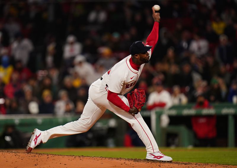 Apr 9, 2025; Boston, Massachusetts, USA; Boston Red Sox pitcher Aroldis Chapman (44) throws a pitch against the Toronto Blue Jays in the ninth inning at Fenway Park. Mandatory Credit: David Butler II-Imagn Images