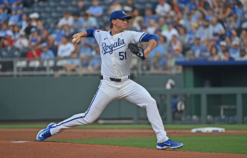 Aug 5, 2024; Kansas City, Missouri, USA;  Kansas City Royals starting pitcher Brady Singer (51) delivers a pitch in the first inning against the Boston Red Sox at Kauffman Stadium. Mandatory Credit: Peter Aiken-USA TODAY Sports