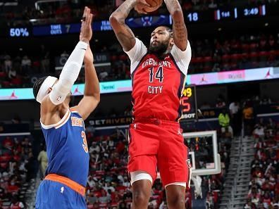 NEW ORLEANS, LA - OCTOBER 28: Brandon Ingram #14 of the New Orleans Pelicans shoots the ball during the game against the New York Knicks on October 28, 2023 at the Smoothie King Center in New Orleans, Louisiana. NOTE TO USER: User expressly acknowledges and agrees that, by downloading and or using this Photograph, user is consenting to the terms and conditions of the Getty Images License Agreement. Mandatory Copyright Notice: Copyright 2023 NBAE (Photo by Layne Murdoch Jr./NBAE via Getty Images)