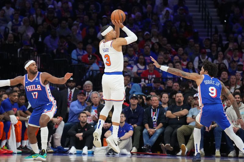 PHILADELPHIA, PA - APRIL 25: Josh Hart #3 of the New York Knicks shoots the ball during the game against the Philadelphia 76ers during Round 1 Game 3 of the 2024 NBA Playoffs on April 25, 2024 at the Wells Fargo Center in Philadelphia, Pennsylvania NOTE TO USER: User expressly acknowledges and agrees that, by downloading and/or using this Photograph, user is consenting to the terms and conditions of the Getty Images License Agreement. Mandatory Copyright Notice: Copyright 2024 NBAE (Photo by Jesse D. Garrabrant/NBAE via Getty Images)