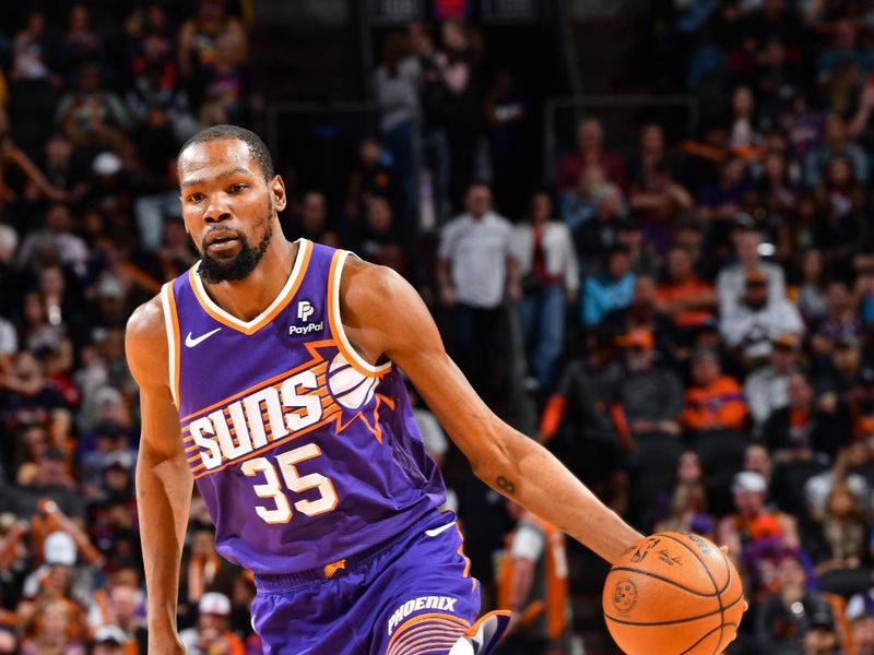 PHOENIX, AZ - MARCH 2: Kevin Durant #35 of the Phoenix Suns dribbles the ball during the game against the Houston Rockets on March 2, 2024 at Footprint Center in Phoenix, Arizona. NOTE TO USER: User expressly acknowledges and agrees that, by downloading and or using this photograph, user is consenting to the terms and conditions of the Getty Images License Agreement. Mandatory Copyright Notice: Copyright 2024 NBAE (Photo by Barry Gossage/NBAE via Getty Images)