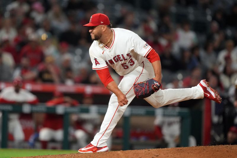 Jun 3, 2024; Anaheim, California, USA; Los Angeles Angels pitcher Carlos Estévez (53) throws in the ninth inning against the San Diego Padres at Angel Stadium. Mandatory Credit: Kirby Lee-USA TODAY Sports