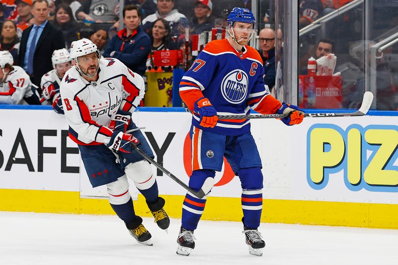 Mar 13, 2024; Edmonton, Alberta, CAN; Washington Capitals forward Alex Ovechkin (8) and Edmonton Oilers forward Connor McDavid (97) follow the during the second period at Rogers Place. Mandatory Credit: Perry Nelson-USA TODAY Sports