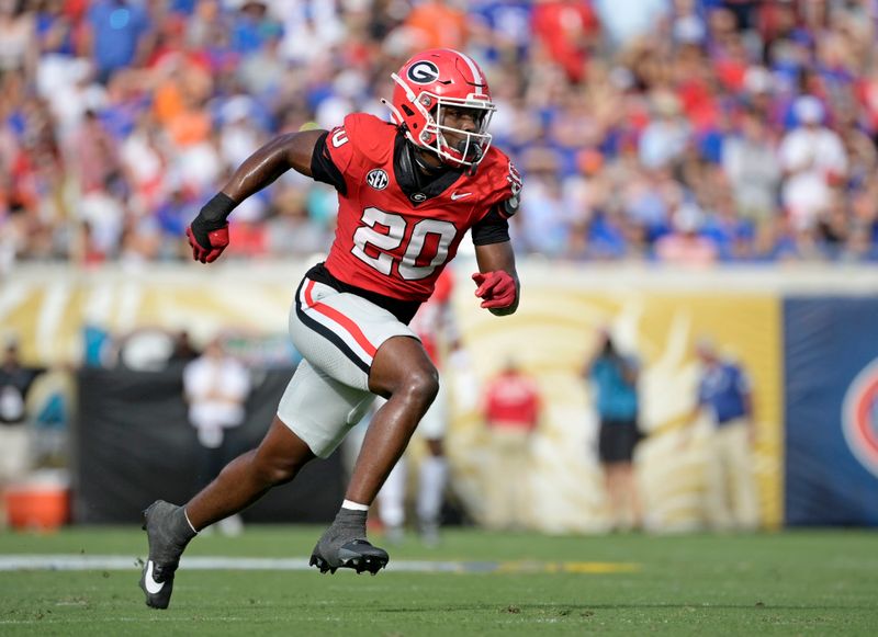 Nov 2, 2024; Jacksonville, Florida, USA; Georgia Bulldogs defensive back JaCorey Thomas (20) during the first half against the Florida Gators at EverBank Stadium. Mandatory Credit: Melina Myers-Imagn Images