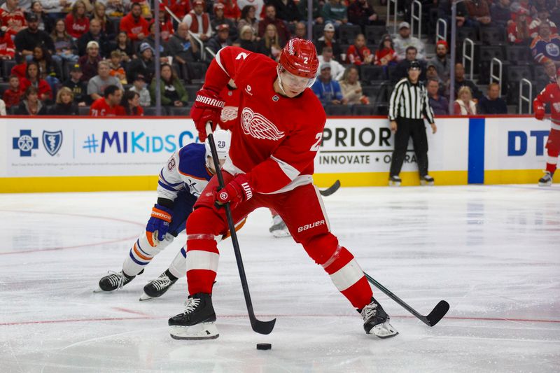 Oct 27, 2024; Detroit, Michigan, USA; Detroit Red Wings defenseman Olli Maatta (2) handles the puck during the first period against the Edmonton Oilers at Little Caesars Arena. Mandatory Credit: Brian Bradshaw Sevald-Imagn Images