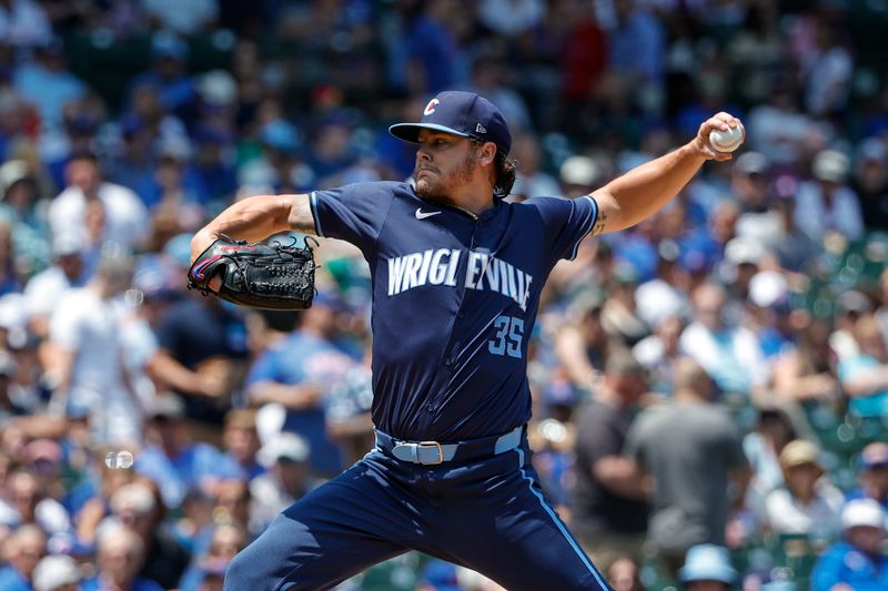 Jul 19, 2024; Chicago, Illinois, USA; Chicago Cubs starting pitcher Justin Steele (35) delivers a pitch against the Arizona Diamondbacks during the first inning at Wrigley Field. Mandatory Credit: Kamil Krzaczynski-USA TODAY Sports