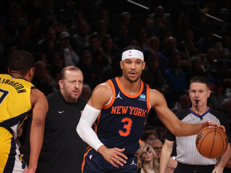 NEW YORK, NY - FEBRUARY 1: Josh Hart #3 of the New York Knicks drives to the basket during the game against the Indiana Pacers on February 1, 2024 at Madison Square Garden in New York City, New York.  NOTE TO USER: User expressly acknowledges and agrees that, by downloading and or using this photograph, User is consenting to the terms and conditions of the Getty Images License Agreement. Mandatory Copyright Notice: Copyright 2024 NBAE  (Photo by Nathaniel S. Butler/NBAE via Getty Images)