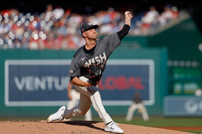 Sep 28, 2024; Washington, District of Columbia, USA; Washington Nationals starting pitcher MacKenzie Gore (1) pitches against the Philadelphia Phillies during the first inning at Nationals Park. Mandatory Credit: Geoff Burke-Imagn Images