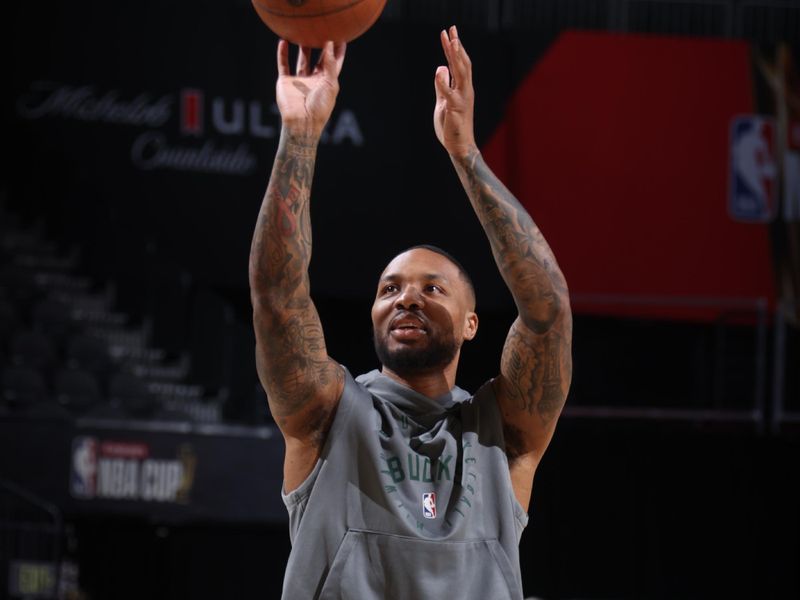 LAS VEGAS, NV - DECEMBER 14: Damian Lillard #0 of the Milwaukee Bucks warms up before the game against the Atlanta Hawks during the Emirates NBA Cup Semifinal game on December 14, 2024 at T-Mobile Arena in Las Vegas, Nevada. NOTE TO USER: User expressly acknowledges and agrees that, by downloading and/or using this Photograph, user is consenting to the terms and conditions of the Getty Images License Agreement. Mandatory Copyright Notice: Copyright 2024 NBAE (Photo by Nathaniel S. Butler/NBAE via Getty Images)