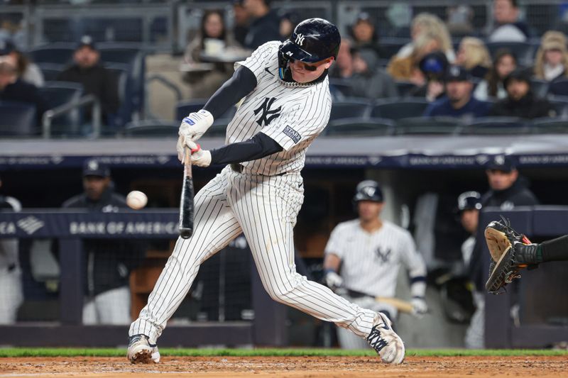 Apr 25, 2024; Bronx, New York, USA; New York Yankees left fielder Alex Verdugo (24) singles during the fourth inning against the Oakland Athletics at Yankee Stadium. Mandatory Credit: Vincent Carchietta-USA TODAY Sports