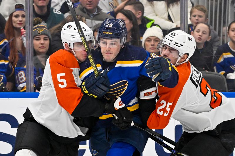 Jan 15, 2024; St. Louis, Missouri, USA;  Philadelphia Flyers defenseman Egor Zamula (5) and center Ryan Poehling (25) check St. Louis Blues left wing Sammy Blais (79) during the second period at Enterprise Center. Mandatory Credit: Jeff Curry-USA TODAY Sports