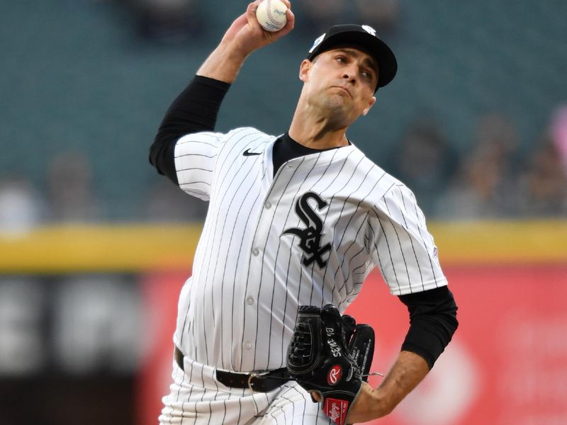 Apr 15, 2024; Chicago, Illinois, USA; Chicago White Sox starting pitcher Nick Nastrini makes his MLB debut as he throws his first pitch during the first inning against the Kansas City Royals at Guaranteed Rate Field. Mandatory Credit: Patrick Gorski-USA TODAY Sports