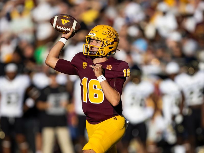 Oct 7, 2023; Tempe, Arizona, USA; Arizona State Sun Devils quarterback Trenton Bourguet (16) against the Colorado Buffaloes in the first half at Mountain America Stadium. Mandatory Credit: Mark J. Rebilas-USA TODAY Sports