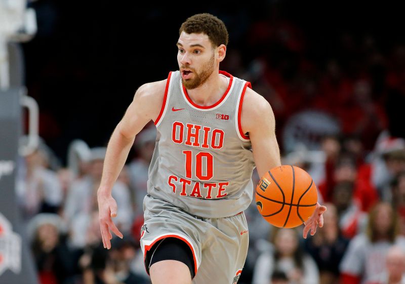 Feb 6, 2024; Columbus, Ohio, USA; Ohio State Buckeyes forward Jamison Battle (10) dribbles up court during the second half against the Indiana Hoosiers at Value City Arena. Mandatory Credit: Joseph Maiorana-USA TODAY Sports