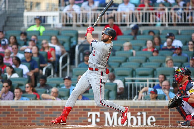 Jun 27, 2023; Atlanta, Georgia, USA; Minnesota Twins left fielder Joey Gallo (13) hits a single against the Atlanta Hawks in the second inning at Truist Park. Mandatory Credit: Brett Davis-USA TODAY Sports