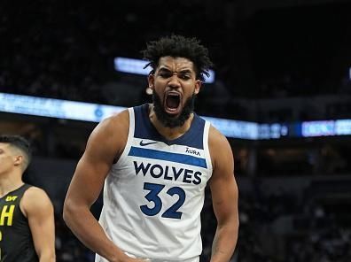 MINNEAPOLIS, MN -  NOVEMBER 30 :  Karl-Anthony Towns #32 of the Minnesota Timberwolves celebrates during the game against the Utah Jazz on November 30, 2023 at Target Center in Minneapolis, Minnesota. NOTE TO USER: User expressly acknowledges and agrees that, by downloading and or using this Photograph, user is consenting to the terms and conditions of the Getty Images License Agreement. Mandatory Copyright Notice: Copyright 2023 NBAE (Photo by Jordan Johnson/NBAE via Getty Images)