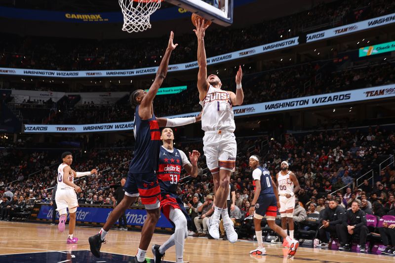 WASHINGTON, DC -? JANUARY 16: Devin Booker #1 of the Phoenix Suns drives to the basket during the game against the Washington Wizards on January 16, 2025 at Capital One Arena in Washington, DC. NOTE TO USER: User expressly acknowledges and agrees that, by downloading and or using this Photograph, user is consenting to the terms and conditions of the Getty Images License Agreement. Mandatory Copyright Notice: Copyright 2024 NBAE (Photo by Kenny Giarla/NBAE via Getty Images)