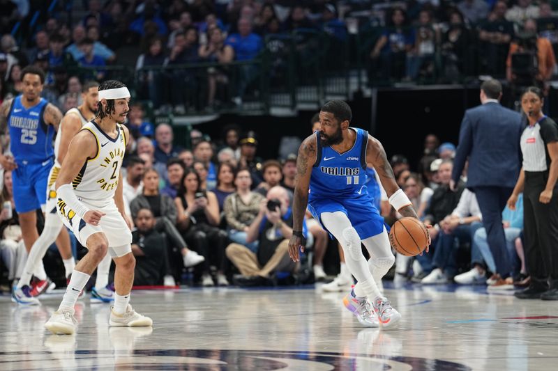 DALLAS, TX - MARCH 5: Kyrie Irving #11 of the Dallas Mavericks dribbles the ball during the game against the Indiana Pacers on March 5, 2024 at the American Airlines Center in Dallas, Texas. NOTE TO USER: User expressly acknowledges and agrees that, by downloading and or using this photograph, User is consenting to the terms and conditions of the Getty Images License Agreement. Mandatory Copyright Notice: Copyright 2024 NBAE (Photo by Glenn James/NBAE via Getty Images)