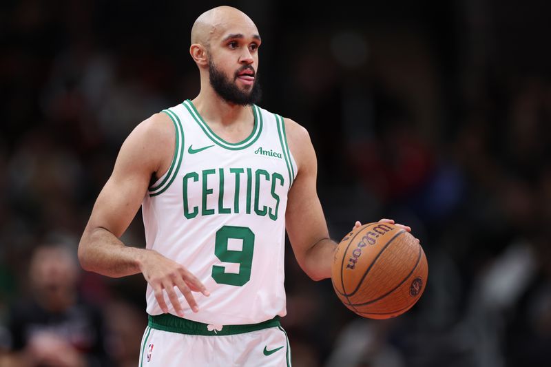 CHICAGO, ILLINOIS - NOVEMBER 29: Derrick White #9 of the Boston Celtics dribbles the ball against the Chicago Bulls during the second quarter of the Emirates NBA Cup game at the United Center on November 29, 2024 in Chicago, Illinois. NOTE TO USER: User expressly acknowledges and agrees that, by downloading and or using this photograph, User is consenting to the terms and conditions of the Getty Images License Agreement.  (Photo by Luke Hales/Getty Images)