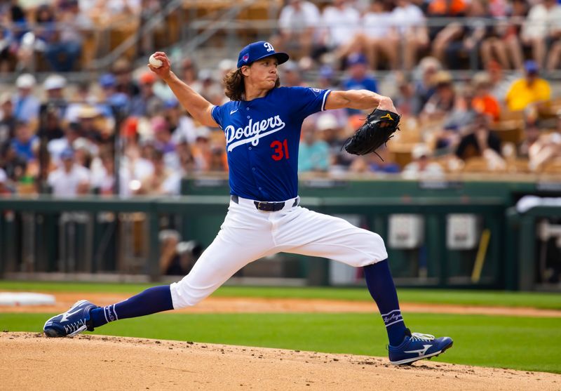 Mar 12, 2024; Phoenix, Arizona, USA; Los Angeles Dodgers pitcher Tyler Glasnow against the San Francisco Giants during a spring training baseball game at Camelback Ranch-Glendale. Mandatory Credit: Mark J. Rebilas-USA TODAY Sports