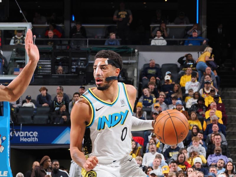 INDIANAPOLIS, IN - NOVEMBER 27: Tyrese Haliburton #0 of the Indiana Pacers dribbles the ball during the game against the Portland Trail Blazers on November 27, 2024 at Gainbridge Fieldhouse in Indianapolis, Indiana. NOTE TO USER: User expressly acknowledges and agrees that, by downloading and or using this Photograph, user is consenting to the terms and conditions of the Getty Images License Agreement. Mandatory Copyright Notice: Copyright 2024 NBAE (Photo by Ron Hoskins/NBAE via Getty Images)