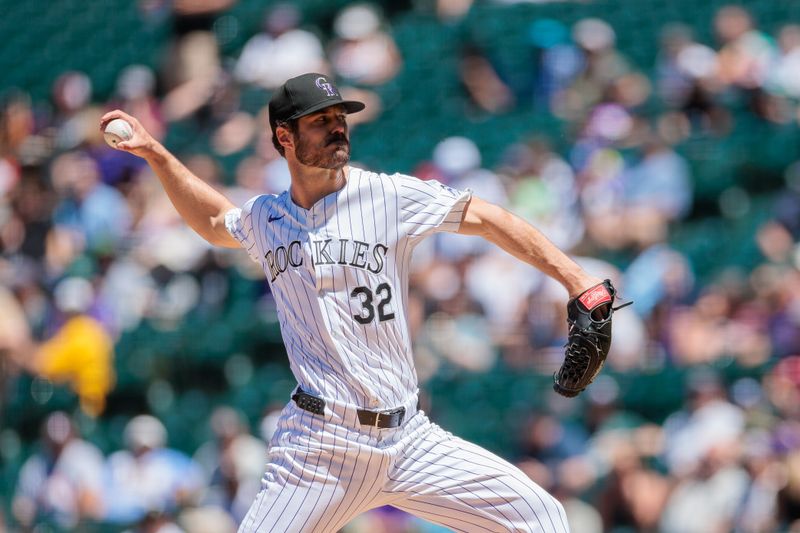 Jun 5, 2024; Denver, Colorado, USA; Colorado Rockies starting pitcher Dakota Hudson (32) delivers a pitch against the Cincinnati Reds during the third inning at Coors Field. Mandatory Credit: Andrew Wevers-USA TODAY Sports