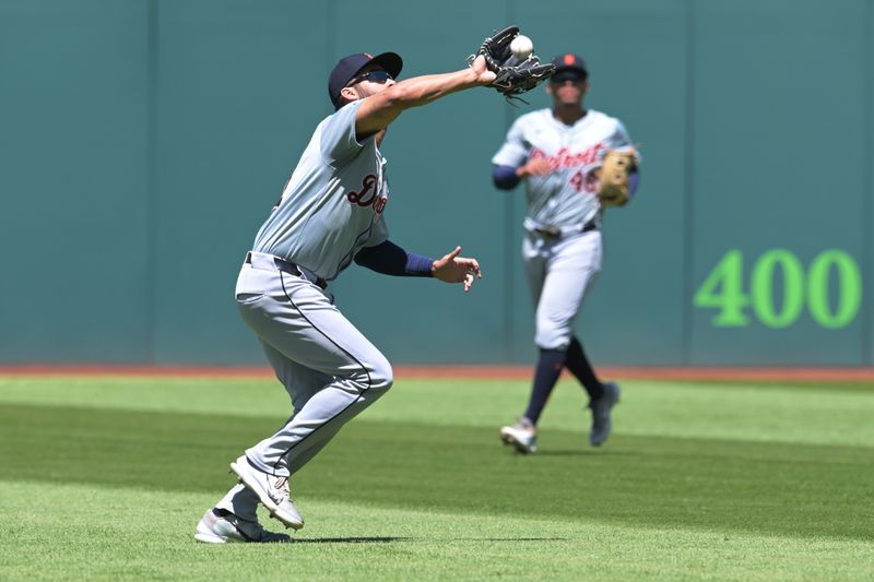 May 8, 2024; Cleveland, Ohio, USA; Detroit Tigers left fielder Riley Greene (31) catches a ball hit by Cleveland Guardians designated hitter Jose Ramirez (not pictured) during the third inning at Progressive Field. Mandatory Credit: Ken Blaze-USA TODAY Sports