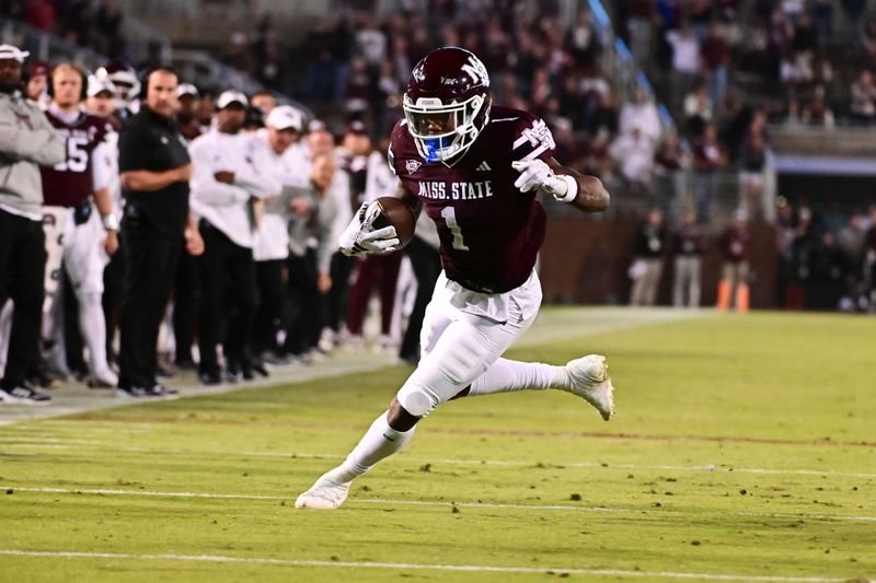 Nov 4, 2023; Starkville, Mississippi, USA; Mississippi State Bulldogs wide receiver Zavion Thomas (1) runs the ball against the Kentucky Wildcats during the fourth quarter at Davis Wade Stadium at Scott Field. Mandatory Credit: Matt Bush-USA TODAY Sports