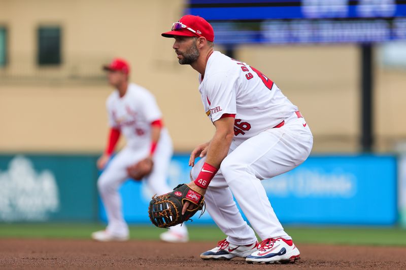 Mar 1, 2024; Jupiter, Florida, USA; St. Louis Cardinals first baseman Paul Goldschmidt (46) plays his position against the New York Mets during the fourth inning  at Roger Dean Chevrolet Stadium. Mandatory Credit: Sam Navarro-USA TODAY Sports