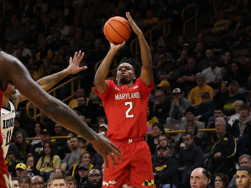 Jan 15, 2023; Iowa City, Iowa, USA; Maryland Terrapins guard Jahari Long (2) shoots against the Iowa Hawkeyes at Carver-Hawkeye Arena. Mandatory Credit: Reese Strickland-USA TODAY Sports