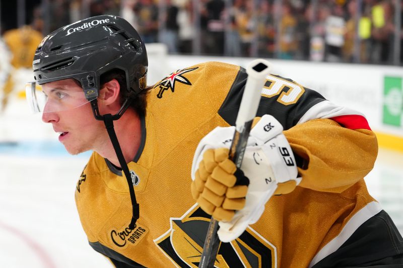 Oct 18, 2025; Las Vegas, Nevada, USA; Vegas Golden Knights right wing Mitch Marner (93) warms up before a game against the Calgary Flames at T-Mobile Arena. Mandatory Credit: Stephen R. Sylvanie-Imagn Images