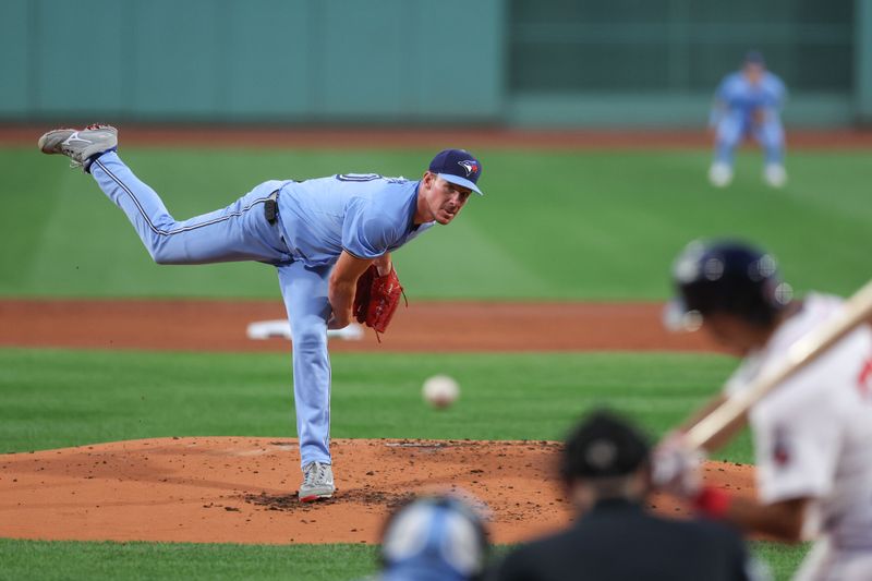 Aug 28, 2024; Boston, Massachusetts, USA; Toronto Blue Jays starting pitcher Chris Bassitt (40) throws a pitch during the first inning against the Boston Red Sox at Fenway Park. Mandatory Credit: Paul Rutherford-USA TODAY Sports