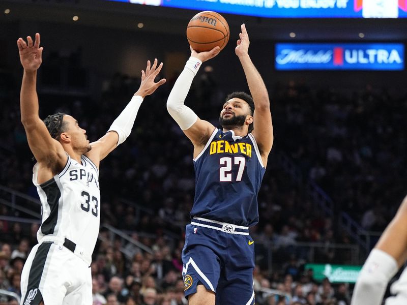 AUSTIN, TX - MARCH 15: Jamal Murray #27 of the Denver Nuggets shoots the ball during the game against the San Antonio Spurs on March 15, 2024 at the Moody Center in Austin, Texas. NOTE TO USER: User expressly acknowledges and agrees that, by downloading and/or using this Photograph, user is consenting to the terms and conditions of the Getty Images License Agreement. Mandatory Copyright Notice: Copyright 2024 NBAE (Photo by Garrett Ellwood/NBAE via Getty Images)