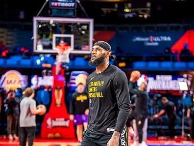 LAS VEGAS, NV - DECEMBER 9: LeBron James #23 of the Los Angeles Lakers warms up before the game against the Indiana Pacers during the In-Season Tournament Championship game on December 9, 2023 at T-Mobile Arena in Las Vegas, Nevada. NOTE TO USER: User expressly acknowledges and agrees that, by downloading and or using this photograph, User is consenting to the terms and conditions of the Getty Images License Agreement. Mandatory Copyright Notice: Copyright 2023 NBAE (Photo by Tyler Ross/NBAE via Getty Images)