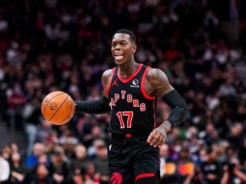 TORONTO, ON - DECEMBER 23: Dennis Schroder #17 of the Toronto Raptors dribbles against the Utah Jazz during the first half of their basketball game at the Scotiabank Arena on December 23, 2023 in Toronto, Ontario, Canada. NOTE TO USER: User expressly acknowledges and agrees that, by downloading and/or using this Photograph, user is consenting to the terms and conditions of the Getty Images License Agreement. (Photo by Mark Blinch/Getty Images)