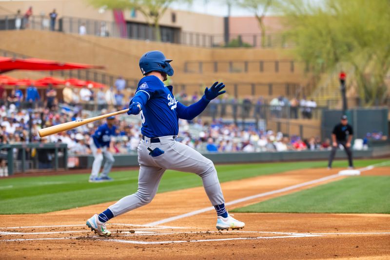 Feb 26, 2024; Salt River Pima-Maricopa, Arizona, USA; Los Angeles Dodgers infielder Gavin Lux against the Colorado Rockies during a spring training game at Salt River Fields at Talking Stick. Mandatory Credit: Mark J. Rebilas-USA TODAY Sports