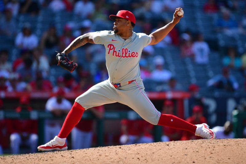 May 1, 2024; Anaheim, California, USA; Philadelphia Phillies pitcher Gregory Soto (30) throws against the Los Angeles Angels during the ninth inning at Angel Stadium. Mandatory Credit: Gary A. Vasquez-USA TODAY Sports