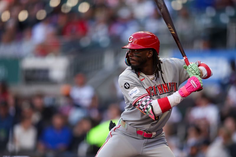 May 5, 2025; Atlanta, Georgia, USA; Cincinnati Reds shortstop Elly De La Cruz (44) bats against the Atlanta Braves in the first inning at Truist Park. Mandatory Credit: Brett Davis-Imagn Images
