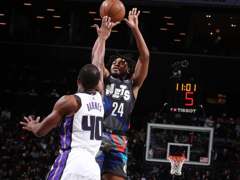 BROOKLYN, NY - APRIL 7: Cam Thomas #24 of the Brooklyn Nets shoots the ball during the game against the Sacramento Kings on April 7, 2024 at Barclays Center in Brooklyn, New York. NOTE TO USER: User expressly acknowledges and agrees that, by downloading and or using this Photograph, user is consenting to the terms and conditions of the Getty Images License Agreement. Mandatory Copyright Notice: Copyright 2024 NBAE (Photo by Nathaniel S. Butler/NBAE via Getty Images)