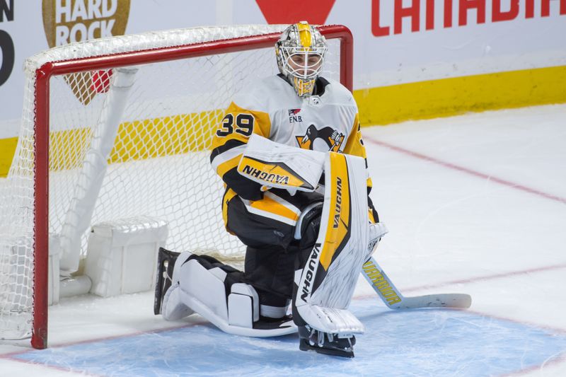 Dec 23, 2023; Ottawa, Ontario, CAN; Pittsburgh Penguins Alex Nedeljkovic (39) streches during a break in the third period against the Ottawa Senators at the Canadian Tire Centre. Mandatory Credit: Marc DesRosiers-USA TODAY Sports