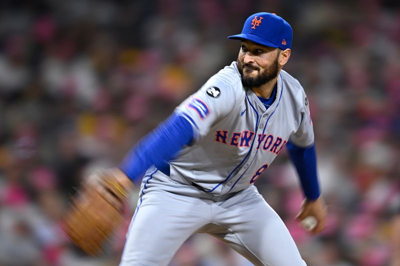 Aug 22, 2024; San Diego, California, USA; New York Mets relief pitcher Danny Young (81) pitches against the San Diego Padres during the sixth inning at Petco Park. Mandatory Credit: Orlando Ramirez-USA TODAY Sports