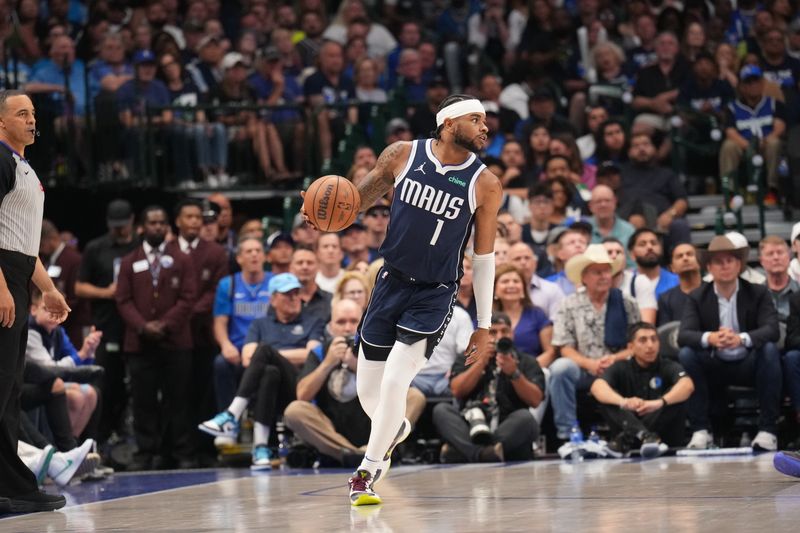 DALLAS, TX - MAY 26: Jaden Hardy #1 of the Dallas Mavericks dribbles the ball during the game against the Minnesota Timberwolves during Game 3 of the Western Conference Finals of the 2024 NBA Playoffs on May 26, 2024 at the American Airlines Center in Dallas, Texas. NOTE TO USER: User expressly acknowledges and agrees that, by downloading and or using this photograph, User is consenting to the terms and conditions of the Getty Images License Agreement. Mandatory Copyright Notice: Copyright 2024 NBAE (Photo by Jesse D. Garrabrant/NBAE via Getty Images)