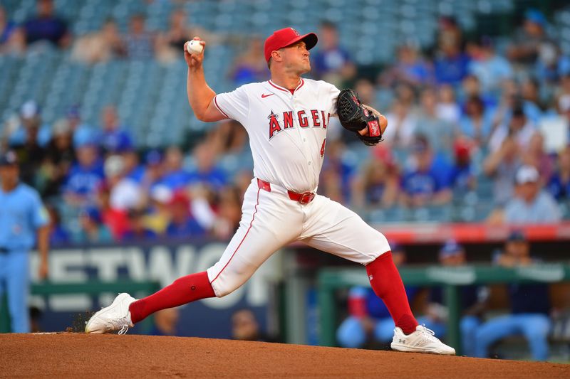 Aug 13, 2024; Anaheim, California, USA; Los Angeles Angels pitcher Carson Fulmer (41) throws against the Toronto Blue Jays during the first inning at Angel Stadium. Mandatory Credit: Gary A. Vasquez-USA TODAY Sports