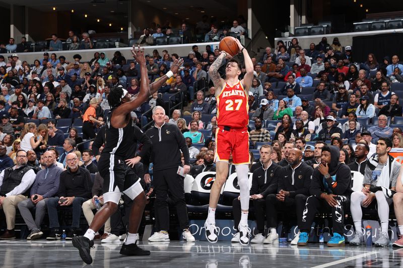 MEMPHIS, TN - MARCH 8: Vit Krejci #27 of the Atlanta Hawks shoots the ball during the game against the Memphis Grizzlies on March 8, 2024 at FedExForum in Memphis, Tennessee. NOTE TO USER: User expressly acknowledges and agrees that, by downloading and or using this photograph, User is consenting to the terms and conditions of the Getty Images License Agreement. Mandatory Copyright Notice: Copyright 2024 NBAE (Photo by Joe Murphy/NBAE via Getty Images)