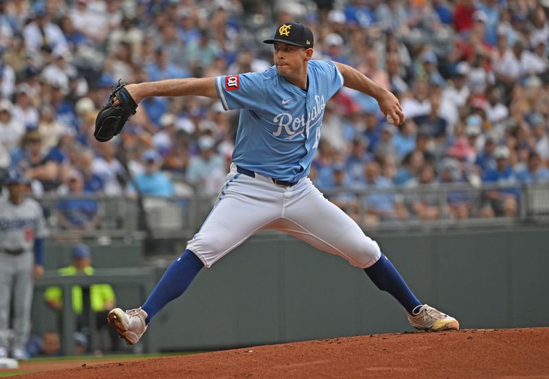 Jun 29, 2025; Kansas City, Missouri, USA;  Kansas City Royals starting pitcher Kris Bubic (50) throws a pitch in the first inning against the Los Angeles Dodgers at Kauffman Stadium. Mandatory Credit: Peter Aiken-Imagn Images