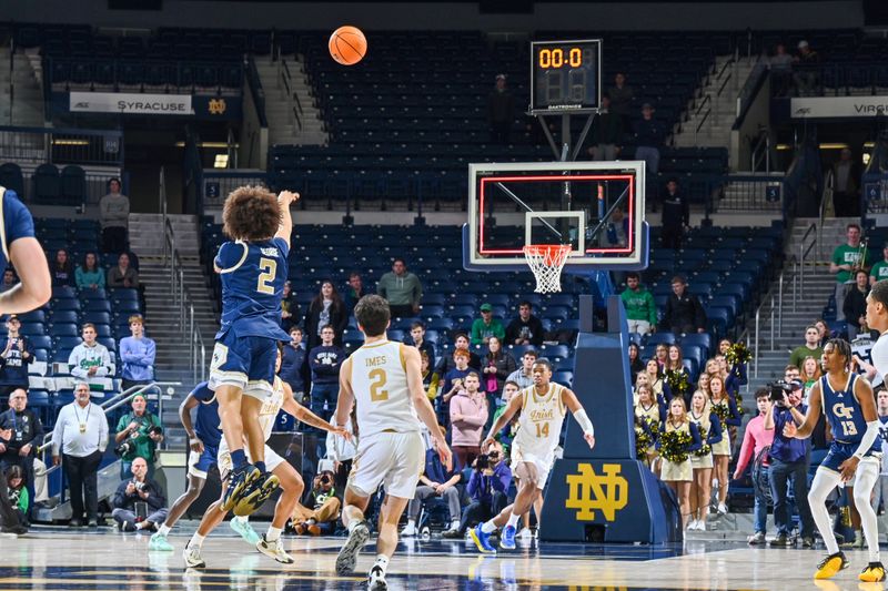 Feb 14, 2024; South Bend, Indiana, USA; Georgia Tech Yellow Jackets guard Naithan George (2) attempts a game tying three point shot at the as time expires in the second half against the Notre Dame Fighting Irish at the Purcell Pavilion. Mandatory Credit: Matt Cashore-USA TODAY Sports