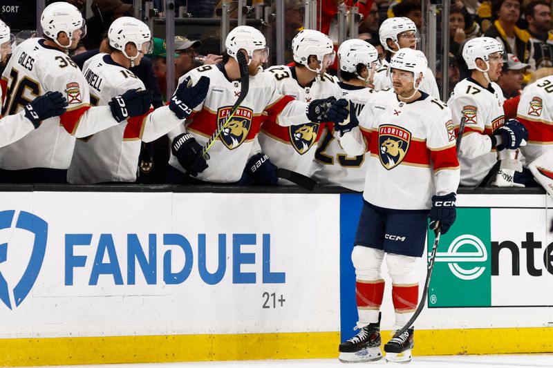 Oct 14, 2024; Boston, Massachusetts, USA; Florida Panthers center Sam Reinhart (13) celebrates his second goal of the game during the second period against the Boston Bruins at TD Garden. Mandatory Credit: Winslow Townson-Imagn Images