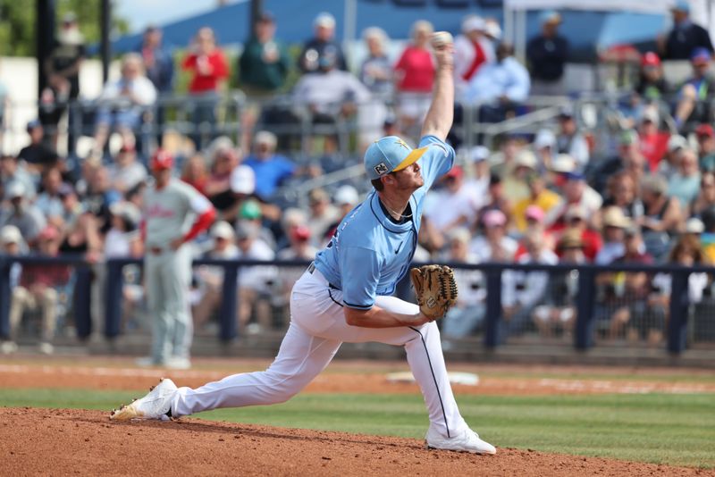 Feb 25, 2025; Port Charlotte, Florida, USA;  Tampa Bay Rays pitcher Mason Montgomery (48) throws against the Philadelphia Phillies during the fifth inning at Charlotte Sports Park. Mandatory Credit: Kim Klement Neitzel-Imagn Images