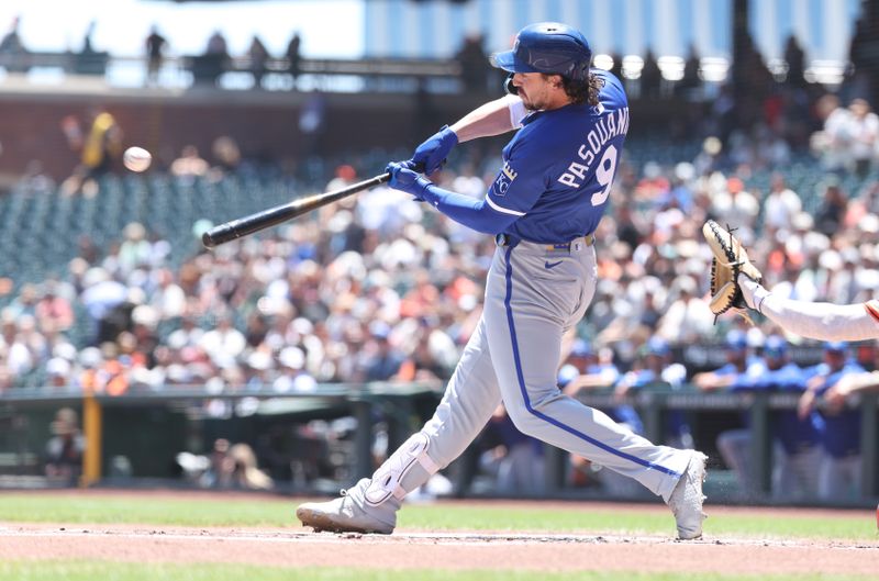 May 21, 2025; San Francisco, California, USA; Kansas City Royals designated hitter Vinnie Pasquantino (9) hits an RBI single against the San Francisco Giants during the first inning at Oracle Park. Mandatory Credit: Kelley L Cox-Imagn Images